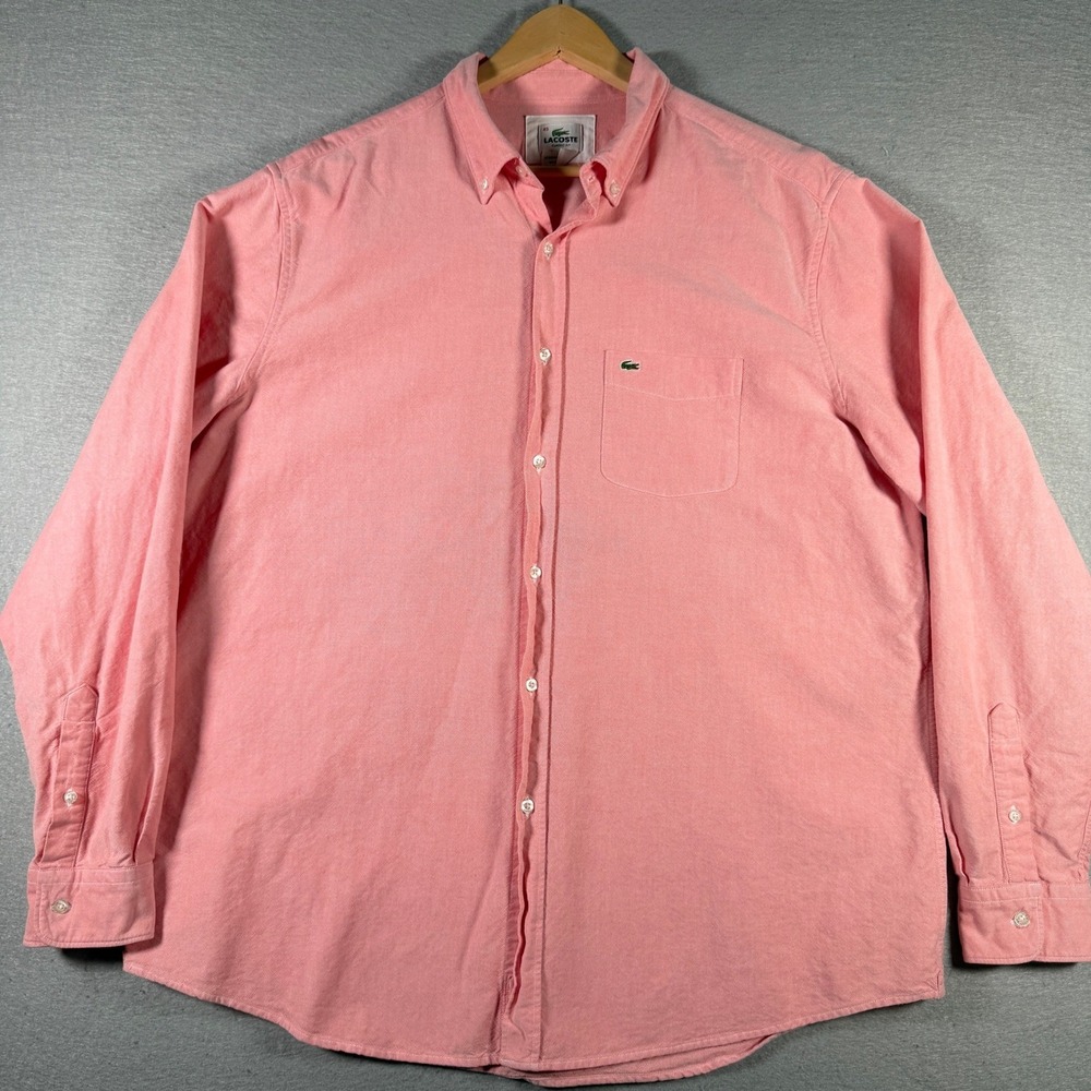Lacoste Men Classic Fit Oxford Button Down Shirt Pink Salmon Logo CH3112 Size 45